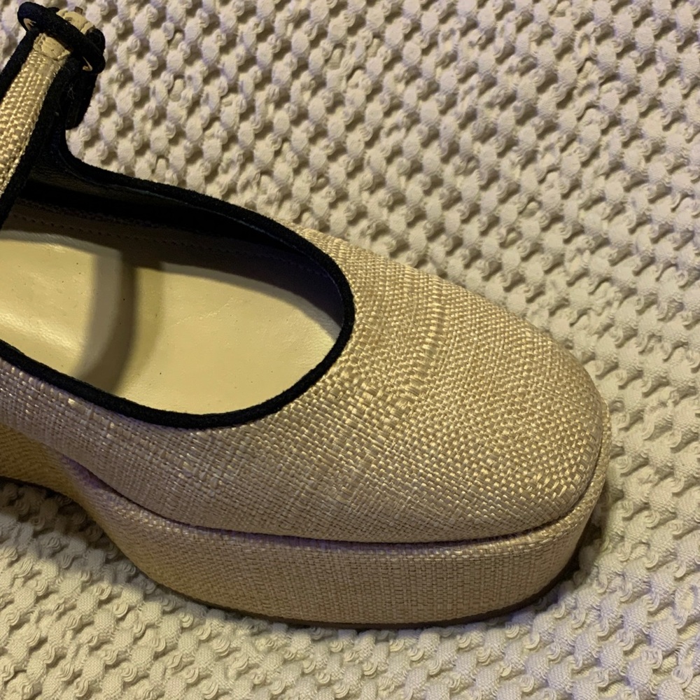 Larroude Beige Mary Jane Flats with Black Trim - Picture 2 of 10